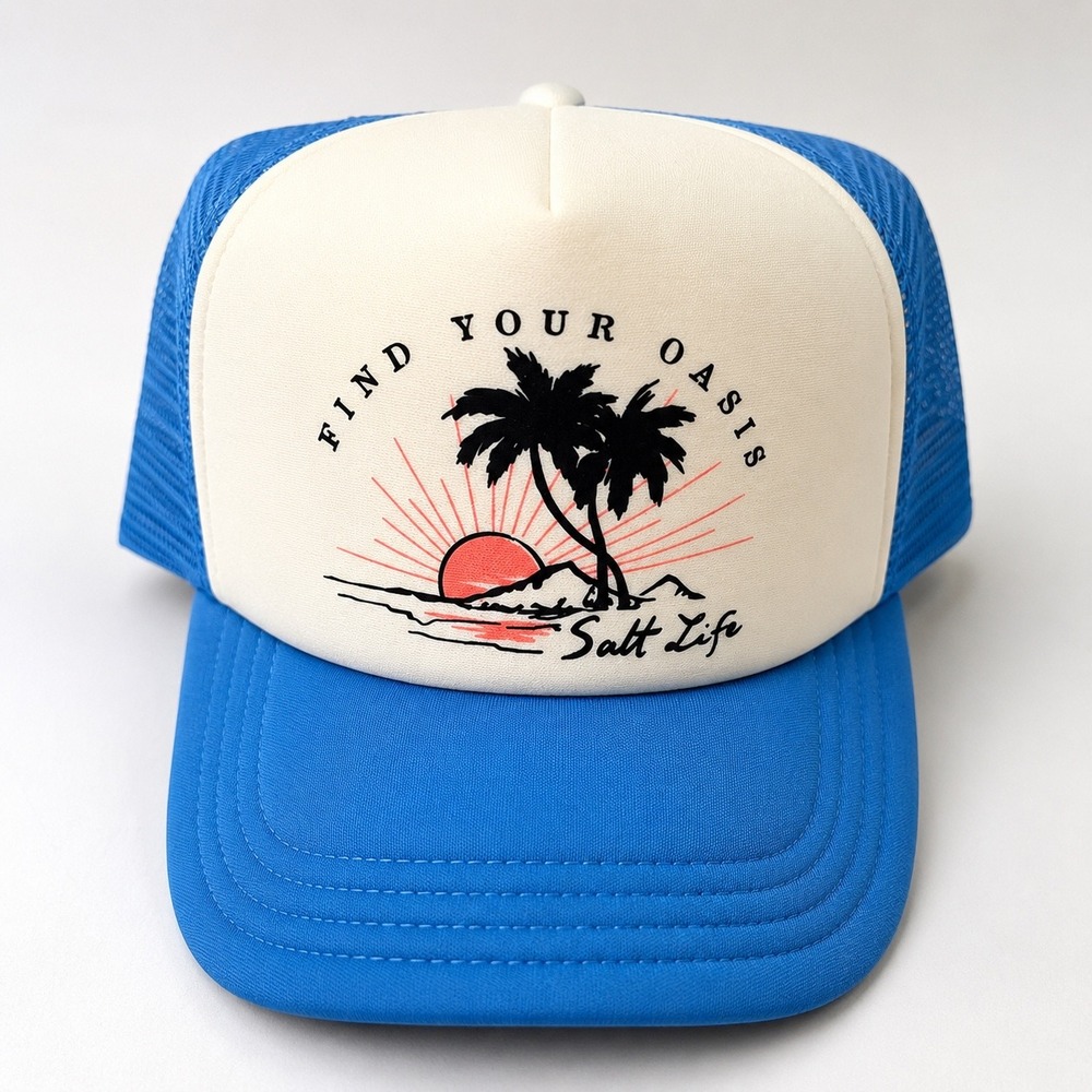 Salt Life Find Your Oasis Trucker Hat Blue White Mesh Snapback Cap Beach NEW
